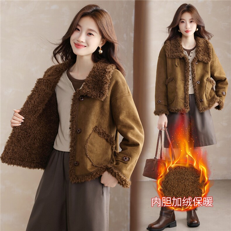 现货！现货！加绒加厚2025年冬季女装新款时尚显瘦鹿皮绒皮毛一体，女装棉衣/棉服，以桐