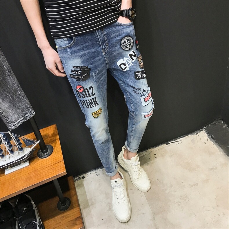 2021潮牌弹力牛仔裤男时尚印花修身小脚裤九分裤QT6027-89031,男装牛仔裤,电商D218