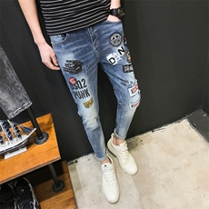 2021潮牌弹力牛仔裤男时尚印花修身小脚裤九分裤QT6027-89031，男装牛仔裤，电商D218