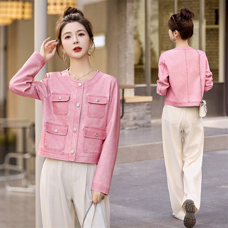 现货粉色小香风高级感皮外套女春秋季新款富家千金法式小个子上衣，女装皮衣，潮流依族