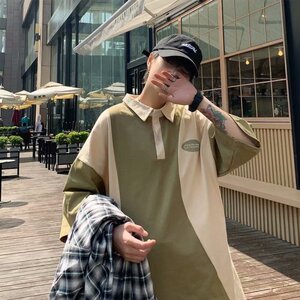 polo衫男短袖拼接字母港风夏季新款2021上衣宽松痞子帅气W766-P25图片