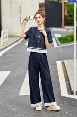 夏日ootd穿搭牛仔套装女2025新款设计感蕾丝拼接上衣阔腿裤两件套，女装套装/套裙，涵墨