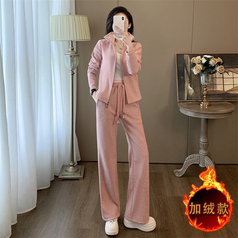 女冬季新款开衫卫衣阔腿裤加绒两件套潮图片