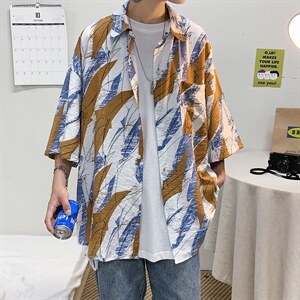 潮牌五分袖衬衣2021短袖衬衫半袖男韩版帅气流行休闲 W679-P35图片