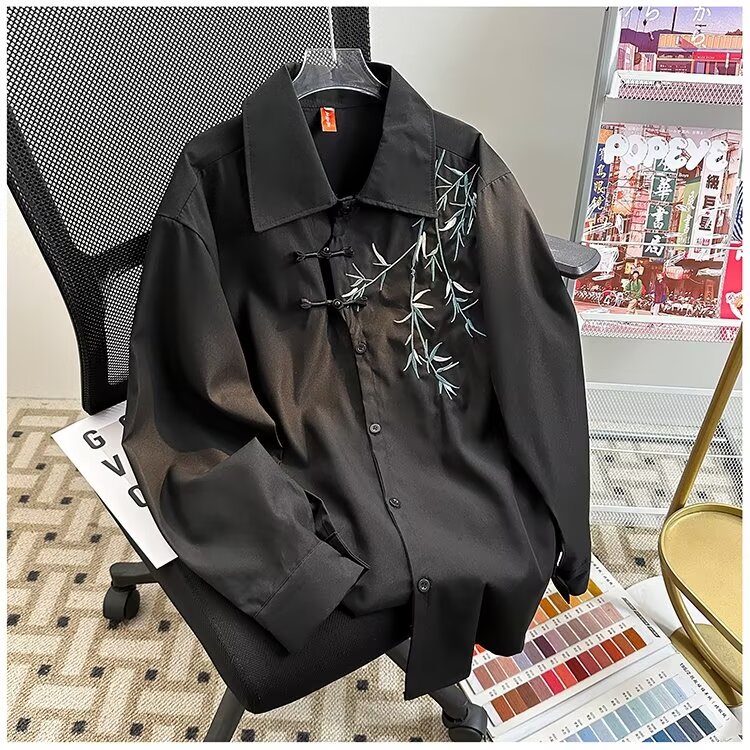风盘扣秋男衬衫竹子刺绣长袖衬衣外套CS0278P50,男装衬衫,星座1013-1