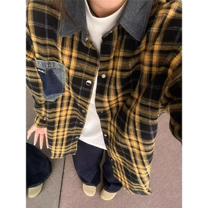 格子衬衫男美式复古百搭情侣拼接牛仔格纹长袖衬衣513-1CS2156P36图片