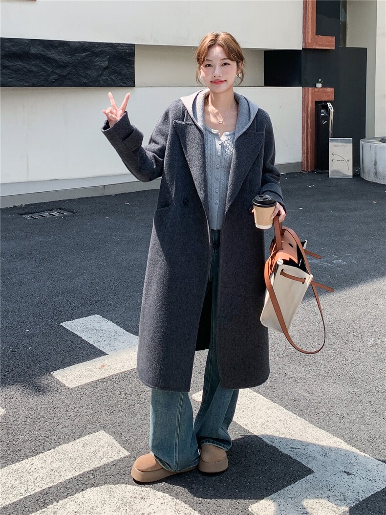 现货新款双面羊毛长毛呢加厚帽子可脱卸大衣外套,女装双面呢大衣,丝露依尚（原SL）