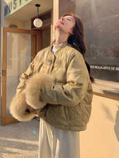 新中式国风提花短款羽绒服女冬季独特漂亮超好看真狐狸毛袖口外套，女装羽绒服，C位