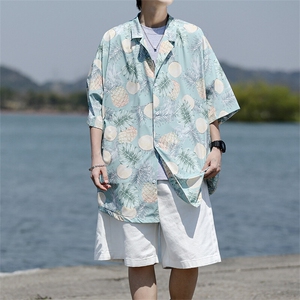8XL-M 冰丝凉感衬衣垂感透气复古花纹宽松男五分袖短袖衬衫CS526图片