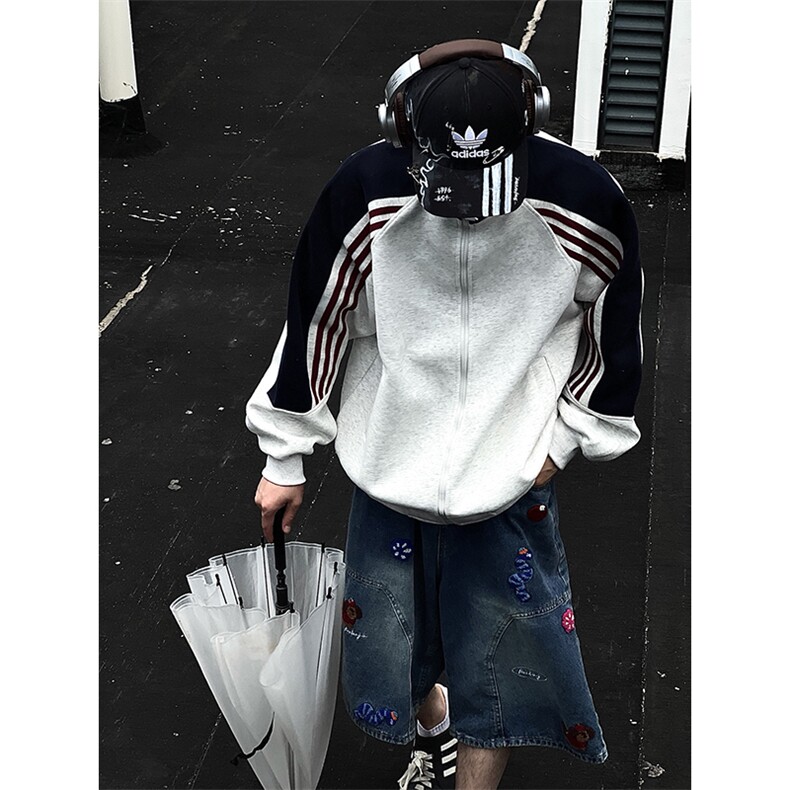 抖音得物高品质美式高街重磅结构织带拼接撞色立领卫衣外套CM41，女装短外套，电商A486-1