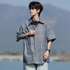 8XL-M短袖衬衫男夏宽松慵懒风痞帅条纹格子衫半袖外套DC28005P40，男装衬衫，电商B312