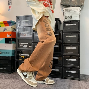 新款美式复古街头字母牛仔裤男女宽松直筒拖地阔腿裤潮牌8134-p46图片