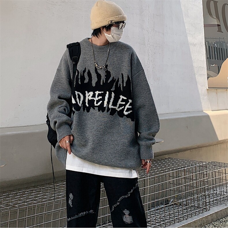 XZ301B-JB2511-P68火焰字母提花针织衫美式街头潮牌套头毛衣，男装针织衫/毛衣，星座301B