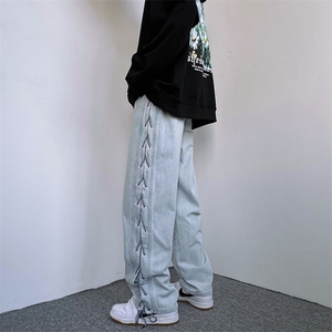wassup happy牛仔裤男款春秋夏季宽松直筒阔腿裤潮牌休闲运动裤子图片
