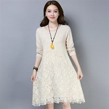 优雅蕾丝拼接长袖连衣裙显瘦气质女装，女装连衣裙，江忆布依