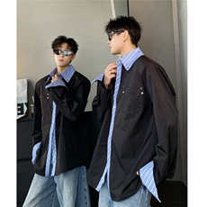 蓝色铆钉条纹假两件拼接衬衫男款小众设计廓形衬衣外套CS91-P58，男装衬衫，电商C307
