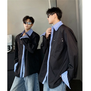 蓝色铆钉条纹假两件拼接衬衫男款小众设计廓形衬衣外套CS91-P58图片