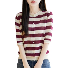 条纹天丝针织短袖开衫T恤女2025夏季新款宽松圆领薄百搭小衫上衣，女装蕾丝衫/雪纺衫，暖烁羊绒