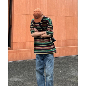 港味复古条纹短袖t恤女加大码夏季宽松撞色半袖上衣潮 T1101图片