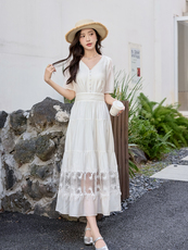 白色连衣裙女2026新款夏季绝美穿搭短袖蕾丝拼接显瘦高腰长裙子，女装连衣裙，美沁