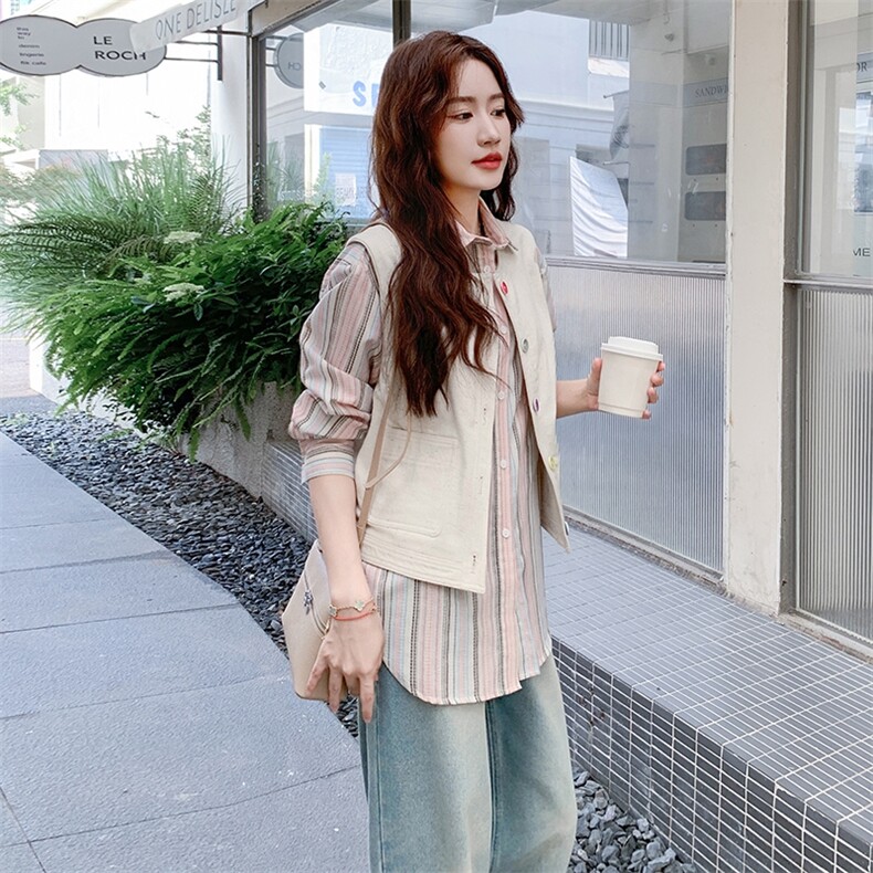 设计感休闲马甲套装女2025年秋季新款韩系宽松百搭条纹衬衫两件套,女装短外套,2C323