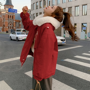 橘粉色工装派克服女2024年冬季新款小个子加绒加厚大毛领连帽棉服图片