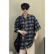 港风夏季格子短袖衬衫男装条纹宽松薄款半袖衬衣外套上衣五分袖，男装衬衫，星座506A