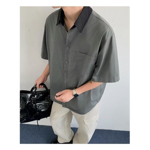 复古衬衫男夏装港风学生宽松小众设计感趣味新款男装上衣外穿图片