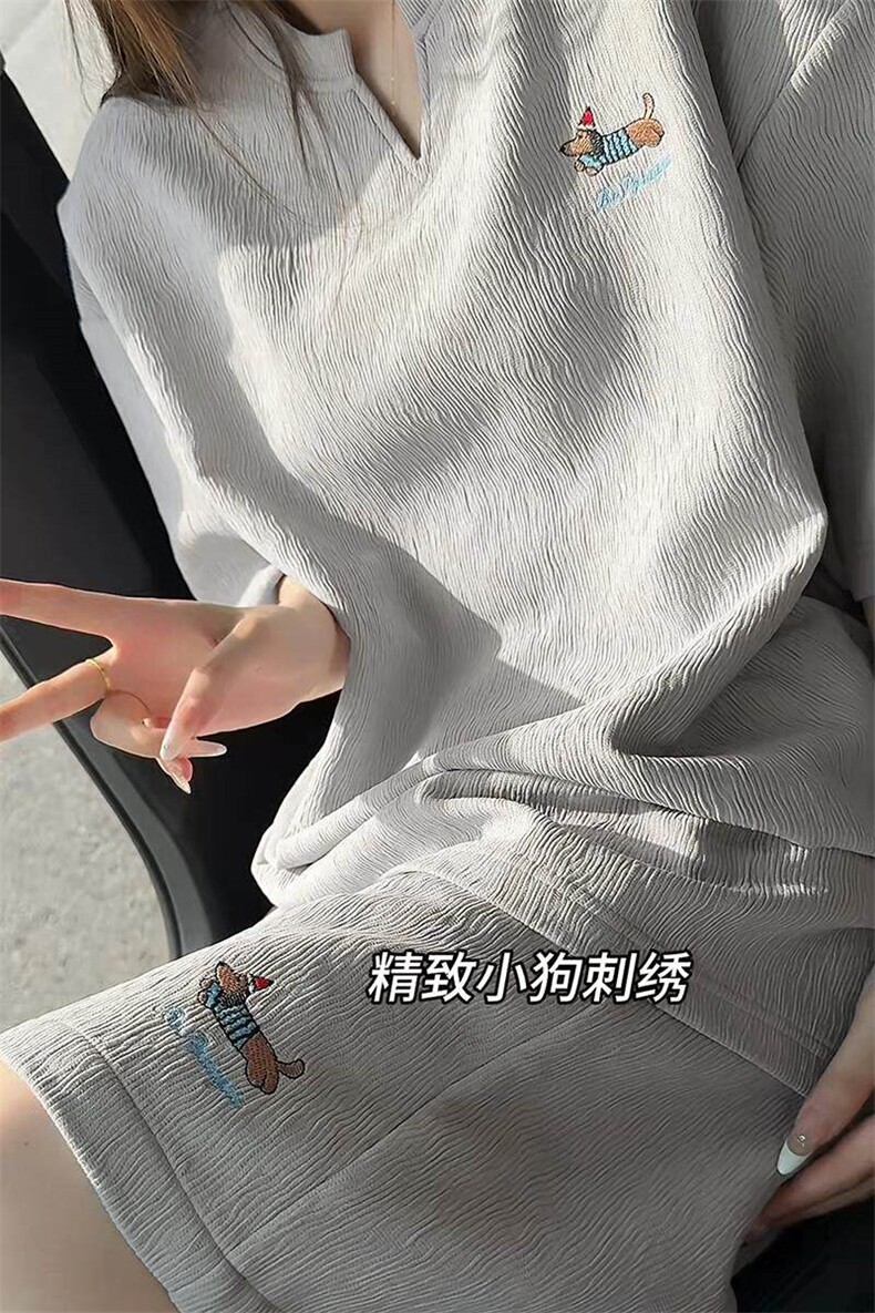 特批P48无差价夏季V领刺绣腊肠狗纹理感百搭大码短袖短裤男TZ5363,男装牛仔裤,电商A001-1