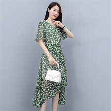2021夏季新款简约时尚优雅气质V领不规则裙摆中长款修身连衣裙，女装连衣裙，多彩