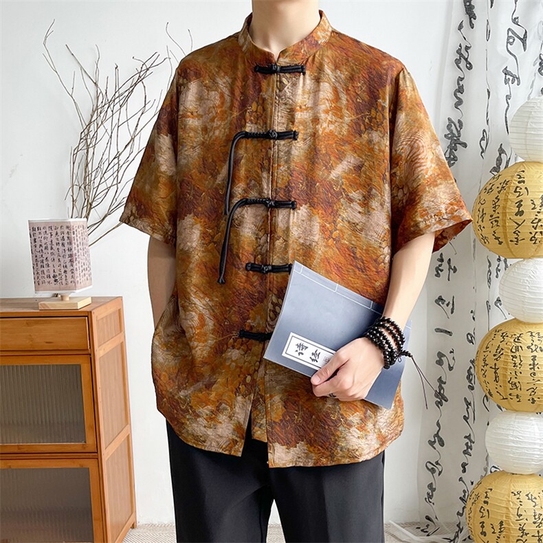 新中式提花风潮T恤短袖大码花色盆扣汉服时尚唐装T2411-P58,男装T恤,电商A227