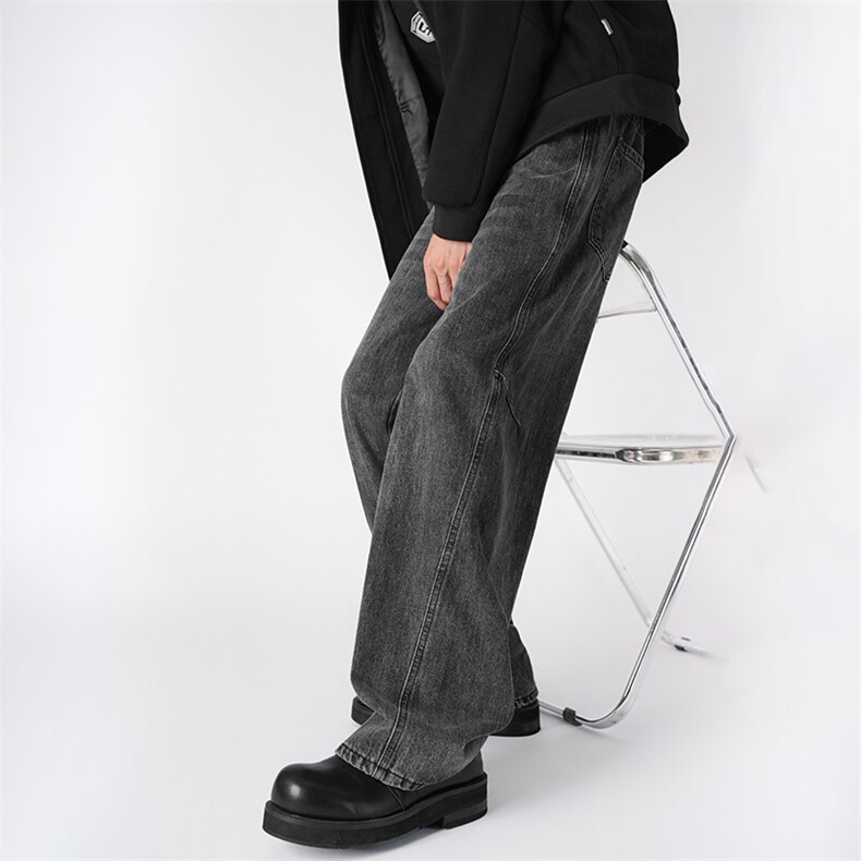 美式水洗复古cleanfit皱褶双色牛仔裤男女直筒阔腿休闲裤子潮D626，男装牛仔裤，电商B381-2