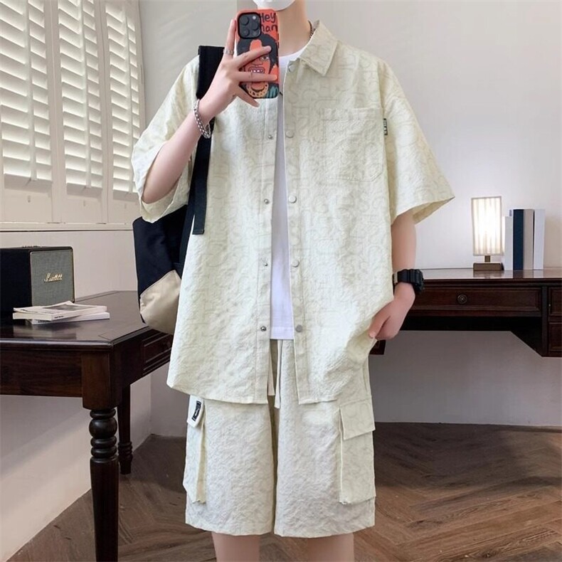 2025年薄款休闲衬衫套装款衣服夏季新款潮流帅气搭配短裤两件图片