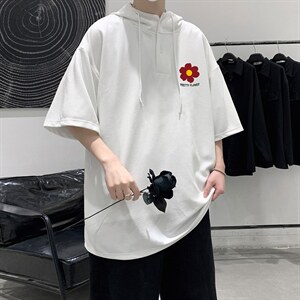LD54257-P45 连帽短袖t恤男大码胖子带帽五分袖中袖 大皂风图片