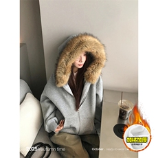 480G重磅加绒硬挺boxy秋冬美式高街超大毛领座山雕连帽卫衣厚外套，女装短外套，电商A486