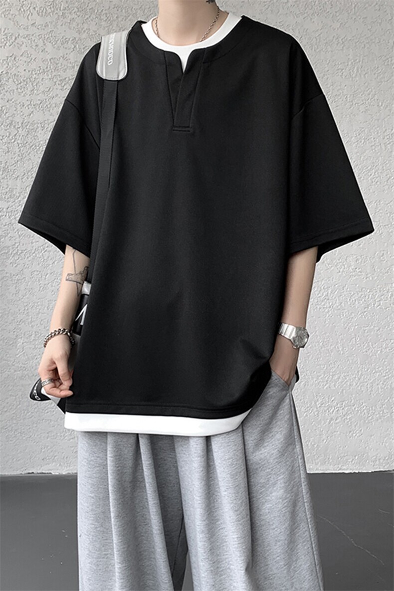 8XL-M重磅斜纹假两件短袖t恤男夏季薄款宽松大码半袖体恤DT006P45,男装T恤,电商B312