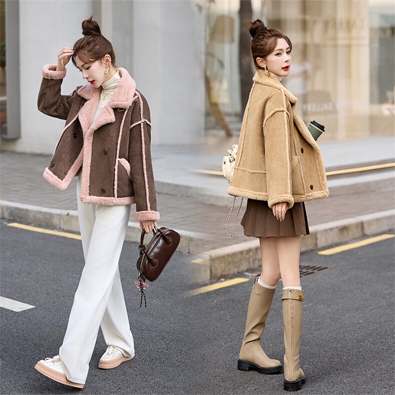 洋气粉色皮毛一体羊羔毛外套女2024冬季加厚保暖鹿皮绒机车服夹克,女装短外套,自然秀