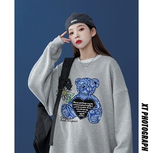 中性风 2026秋季新款设计感小熊腰果花印花圆领卫衣W175P30控48--图片