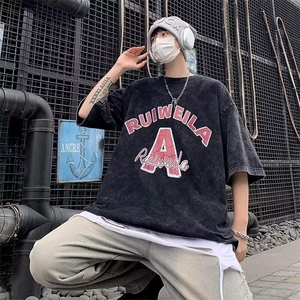 夏季短袖T恤男美式复古圆领半袖宽松潮牌水洗体恤潮流五分袖上衣图片