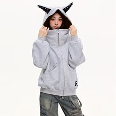高级感铆钉恶魔角开衫卫衣男女春秋宽松情侣拉链外套WY402P68，女装短外套，星座1013-5