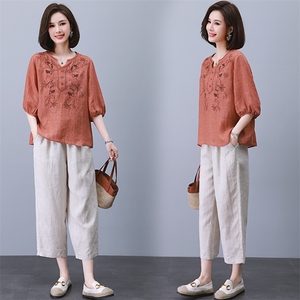 五分袖苎麻套装女2023夏季新款小个子大码休闲上衣妈妈亚麻两件套图片