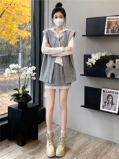 韩版时尚休闲裤裙套装女春款马甲外套连帽T恤蕾丝花边裤裙三件套，女装套装/套裙，江南