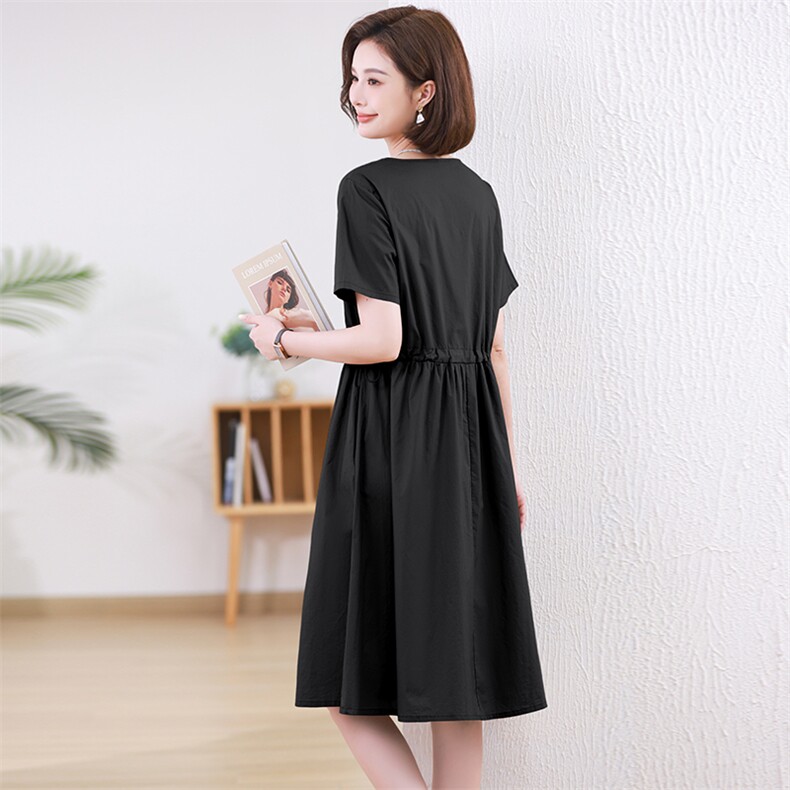 2024年夏季圆领双排款抽腰休闲宽松连衣裙，女装连衣裙，文熹诺
