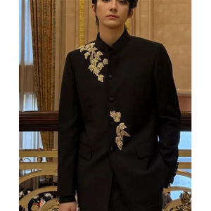 春秋新中式重工刺绣玉兰花中山装西服外套男复古痞帅西服套装潮图片