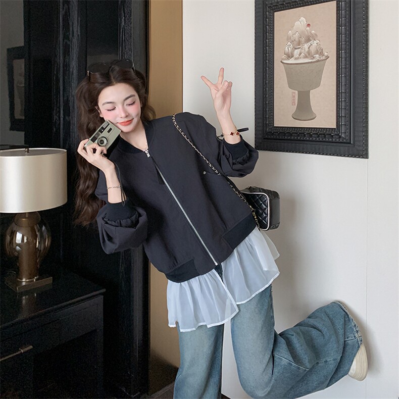 2026新款藏青色棒球服拼接网沙可脱卸夹克外套,女装短外套,纯色衣恋