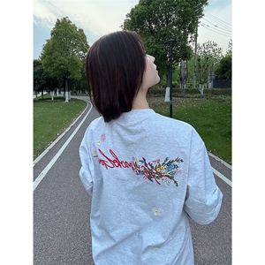 万针全刺绣工艺抖音得物高品质260克重磅纯棉双纱美式高街短袖T恤图片