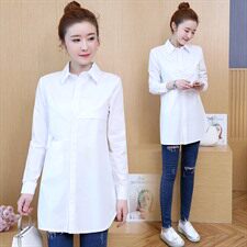 排多扣POLO领纯色衬衫2021年春季长袖中长款时尚修身显瘦淑女，女装衬衫，依恋蒂丝