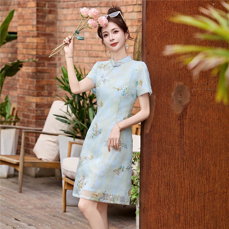 新中式提花短裤套装女2026夏季新款修身显瘦改良旗袍裙重工艺订珠,女装连衣裙,贵人树