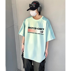 抖音得物品质二开240克宽松纯棉美式潮牌印花三条杠中性风短袖T恤图片