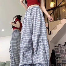 港式复古格子撞色褶皱休闲裤女夏季新款宽松直筒束脚两穿阔腿长裤，男装休闲裤，星座516A
